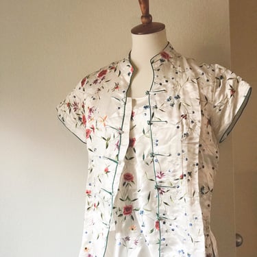 Vintage satin white cheongsam chinese blouse and tank set floral size small 