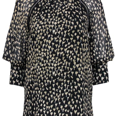 Reiss - Black & Taupe Floral Print Silky Peasant Top Sz 2