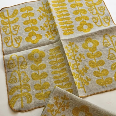 Yellow Folk Flowers, Linen Cloth Napkin Set 