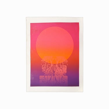 Vintage Serigraph on Paper Pink Moon Trees Print 