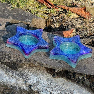 Resin Star Candle Holders Set Purple Blue and Silver 