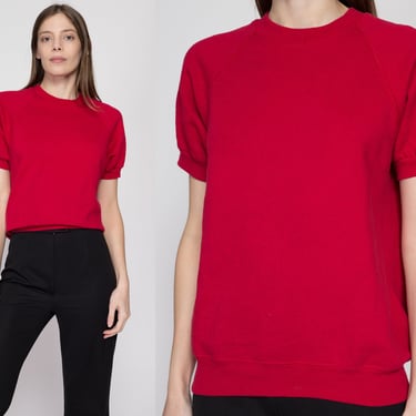 Medium 80s Raspberry Red Short Raglan Sleeve Sweatshirt | Vintage Slouchy Crewneck Pullover Shirt 