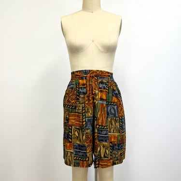 Vintage 90s High Waisted Shorts | Abstract Print Rayon Walking Shorts with Pockets | Size Medium 