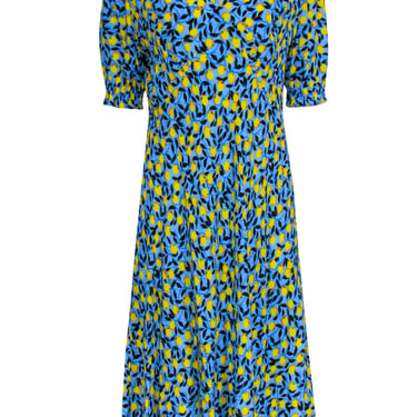 Diane von Furstenberg - Blue w/ Lemon Print Short Sleeve Dress Sz 14