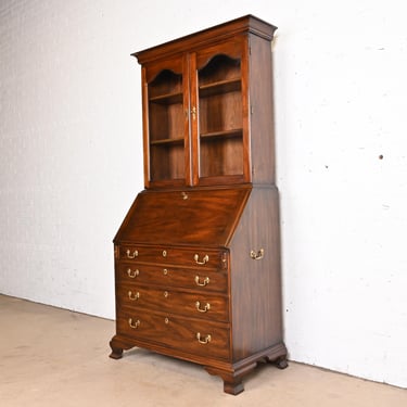 Henkel Harris Georgian Carved Solid Mahogany Drop Front Secretary Desk With Bookcase Hutch