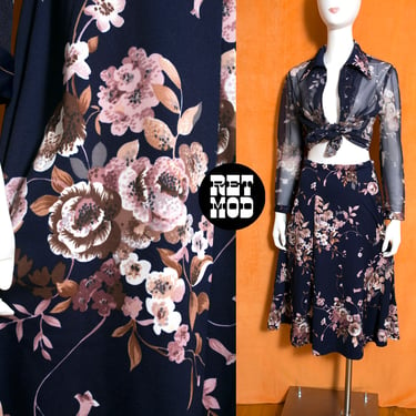 Lovely Vintage 70s Navy & Dusty Mauve Gray Floral Skirt and Sheer Top Set 