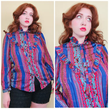 1980s Vintage Blue and Red Abstract Print Ruffled Blouse / 80s Silk High Neck Prairie Button Up Shirt / Medium - Large 