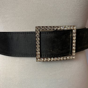 VTG Black silk & Rhinestones dress belt~ Large square buckle Fancy dressy/1940’s 1950’s 60’s style  Open size to 32” waist 