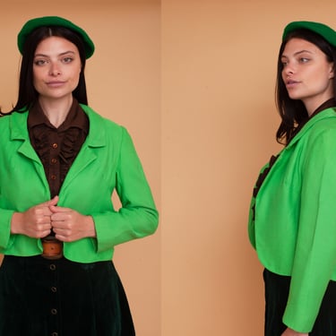 Vintage. 70s Chartreuse Green Cropped Blazer Jacket Technicolor Green 