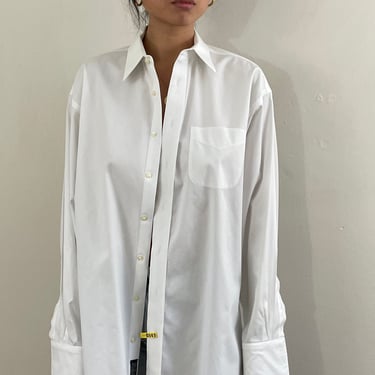 90s crisp white mens French cuffs shirt / vintage bright white cotton oversized menswear boyfriend button down French cuffs shirt | XL 