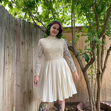Vintage 1970’s Cream Lace Dress with Solid Pleated Skirt 