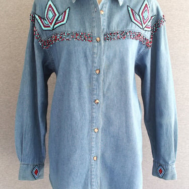 1980s - Running White Claw -  Beaded -  Chambray - Native American - Western Shirt - Marked L 