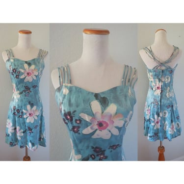 Vintage 90s Mini Dress Shiny Floral Print Criss Cross Straps Watercolor Daisy Size Small 