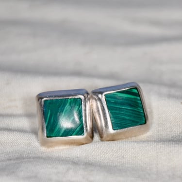 Vintage Sterling Silver & Malachite 12mm Square Pierced Earrings Exceptional Quality Semi Precious Stones Gift for Her Birthday Gift 