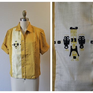 Vintage 1950s 60s NOS Mustard Gold Tiki god Ladies Bowling Shirt Rockabilly Top Blouse Swingster Nat Nast  |  Modern US 2 4 6 / XS Small 