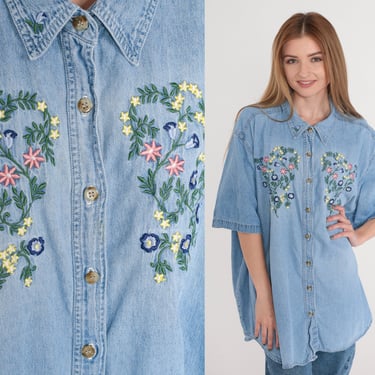 Embroidered Denim Shirt 90s Floral Top Blue Jean Button Up Blouse Short Sleeve Retro Hippie Garden Flower Print 1990s Vintage 3xl 26w 28w 