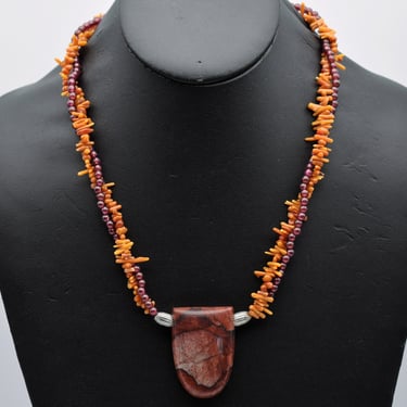 70's garnet coral jasper sterling hippie pendant necklace, big edgy 925 silver & stones torsade 