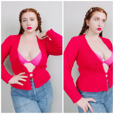 1980s Vintage Hot Pink Side Effect Boucle Sweater / 80s Acrylic Puffed Sleeve Peplum Waist Knit Cardigan / Small - Medium 