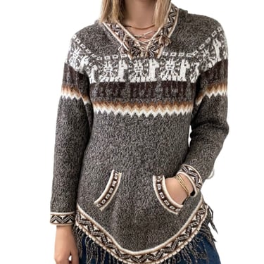 Vintage Womens Incas Andes Brown Alpaca Peruvian Soft Hoodie Fringe Sweater Sz M 
