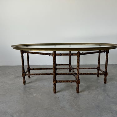 Hollywood Regency Baker Faux Bamboo Brass and Glass  Oval Coffee Table 