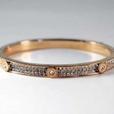 90's Henri Bendel 18k rose gold plate rhinestone rivets clasp bangle, edgy geometric Bendel NY oval bling bracelet 