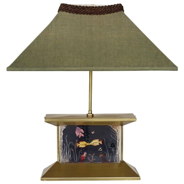 Mid-century Brass Aquarium Light Up Lamp w/ Shade 