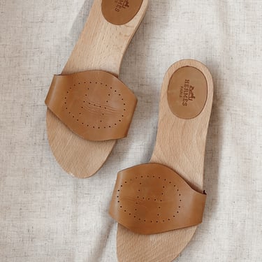 Vintage Hermes H Logo EVELYN Leather Wood Slides Sandals It 39 / Us 8.5 - 9 