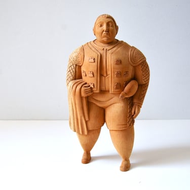 Vintage Hand Carved Wooden Matador Sculpture in the style of Fernando Botero, Torero 