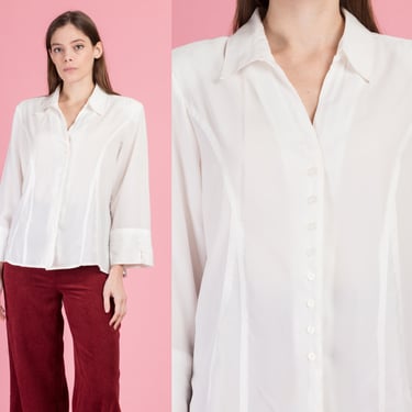 Vintage White Cuffed Blouse - Large | 90s MInimalist Button Up Long Sleeve Top 