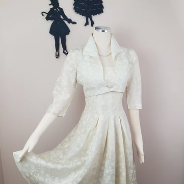 Vintage 1950's White Formal Dress / 50s Cream Floral Wedding Dress Set S 