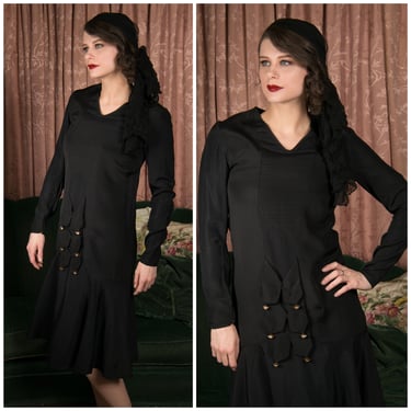 1920s Dress - Vintage  20s Little Black Dress in Silk Crepe de Chine with Button Accents 