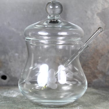 Etched Floral Design Honey Jar with Glass Spoon | Lidded Glass Jar | Sugar Jar | Jelly Jar | Lidded Jar with Spout 