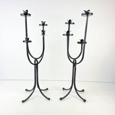 Pair Of Vintage Swedish Black Iron Tiny Taper Candleholders 14.5” Tall Christmas