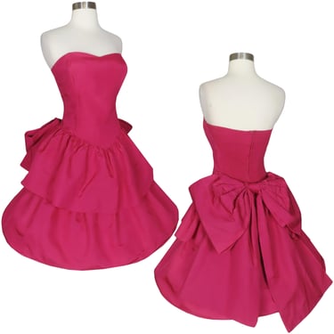 Vintage 80s Pink Strapless Prom Party Dress S Small Big Bow Smocked Back Tiered Full Skirt Womens Costume Formal Dance 