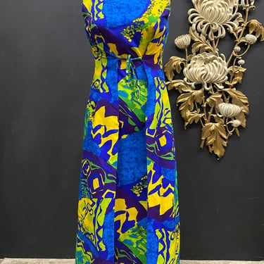 1960s maxi dress, tiki print, Ja-Na Hawaii, vintage 60s dress, blue and yellow, size small, mod sheath, rockabilly style, hawaiian dress, 34 