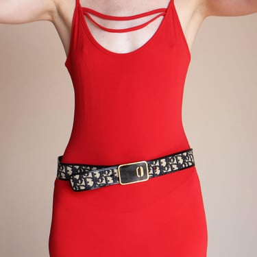 Christian Dior 1990s Navy + Black Oblique Logo Belt CD Monogram John Galliano Adjustable Diorissimo 