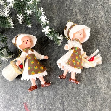 Prairie girls hard plastic Christmas ornaments - set of 2 - 1970s vintage 