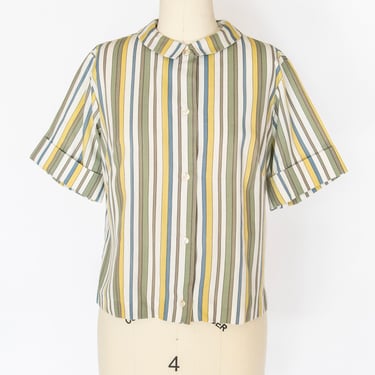 1960s Blouse Cotton Striped Short Sleeve Top M 