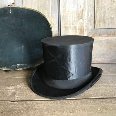 French Black Silk Top Hat, Original Box, Collapsible, Top Hat Display, Victorian, Edwardian, Period Clothing 