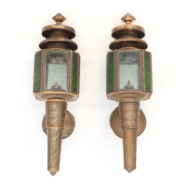 Pair of Victorian Antique Brass Oil Carriage Lantern Lights