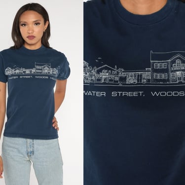 Water Street Kitchen Shirt Woods Hole Massachusetts T-Shirt Restaurant Graphic Tee Front Back Souvenir Navy Blue Vintage 00s Extra Small xs 