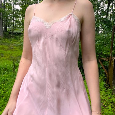 1930's Pink Spaghetti Strap Silk Slip with Embroidery