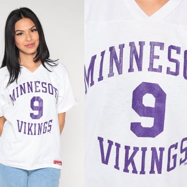 Minnesota Vikings Shirt 90s NFL Rawlings Football Jersey Tshirt Number 9 Football T Shirt 1990s Sports Vintage White Purple Medium Large 