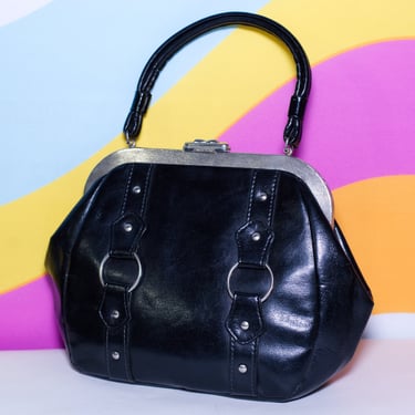 Vintage 1960s Black Handbag with a Silver Frame 