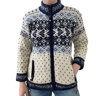 Norwear Womens Blue White Wool Fair Isle Norwegian Full Zip Ski Cardigan Jacket 