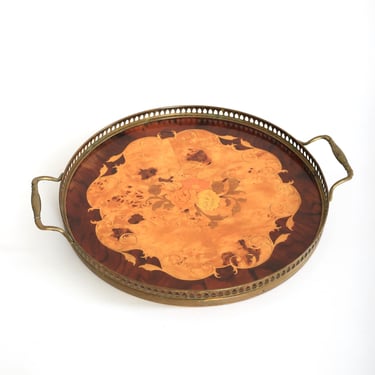 Vintage Italian Marquetry floral inlay bronze serving tray 