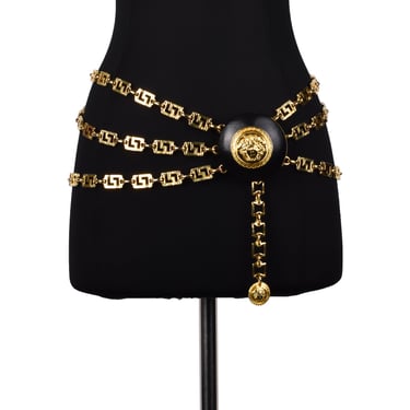 Gianni Versace Vintage AW 1992 Miss S&M Black Leather and Golden Triple Chain Medusa Belt