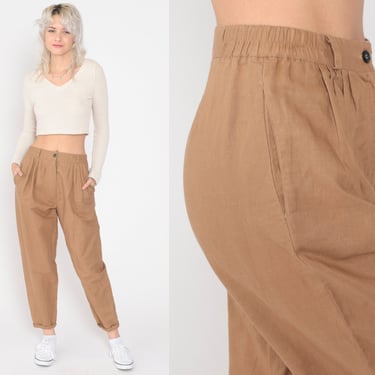Brown Pleated Trousers 80s Pants High Rise Tapered Leg Slacks Office Preppy Basic Elastic Waist Vintage 1980s Extra Small xs 