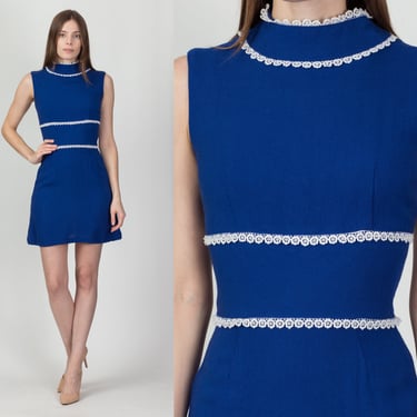 60s Blue Lace Trim Mini Dress - Extra Small | Vintage A Line Sleeveless Boho Babydoll 