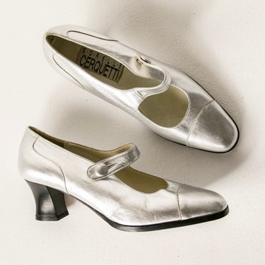 1990s Heels Silver Leather Chunky Mary Janes sz 37 